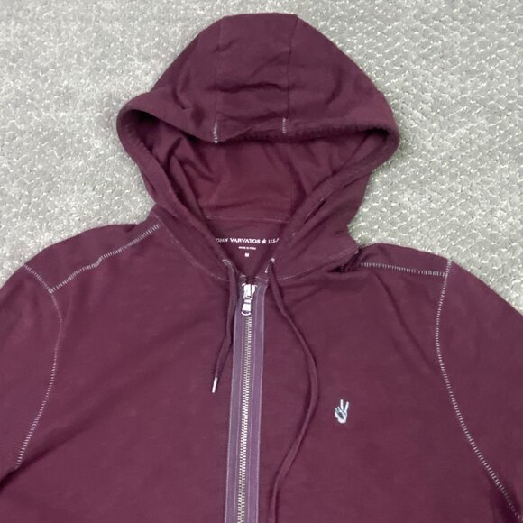 John Varvatos Peace Sign Logo Hoodie Men's Medium Burgundy Full Zip Up - Picture 2 of 13